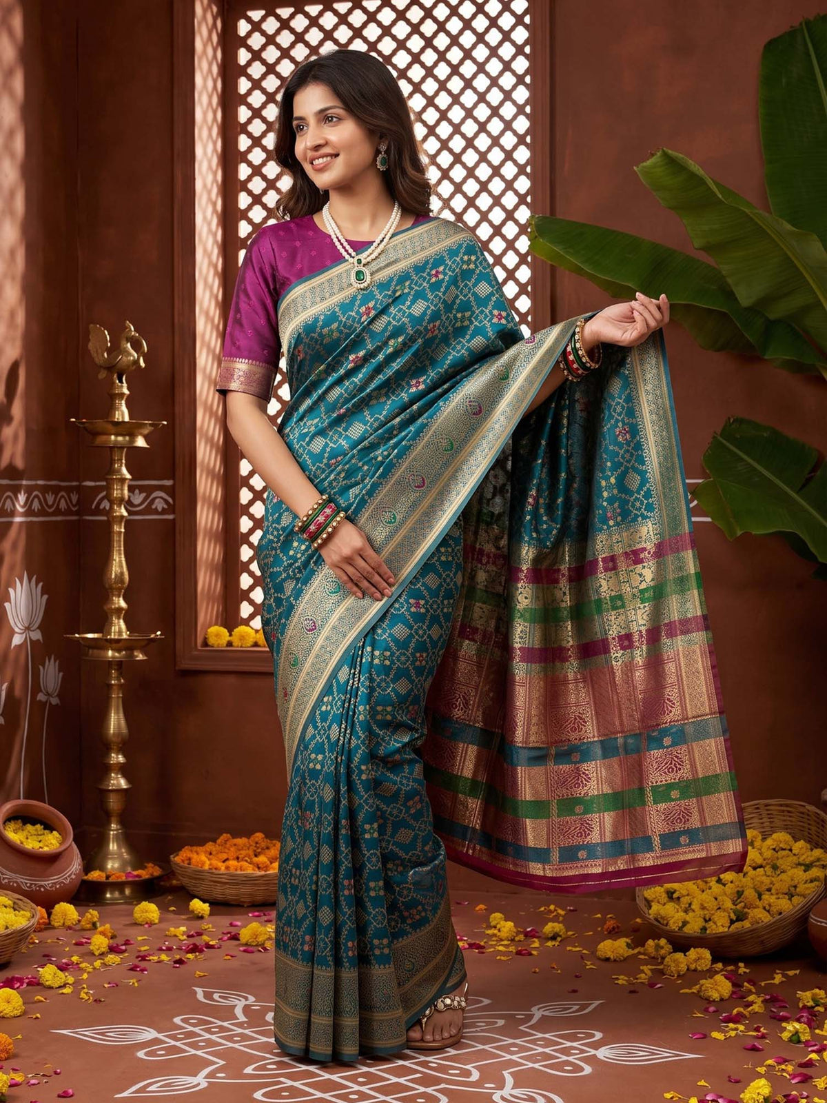 Teal Blue Silk Blend saree – detail view 1