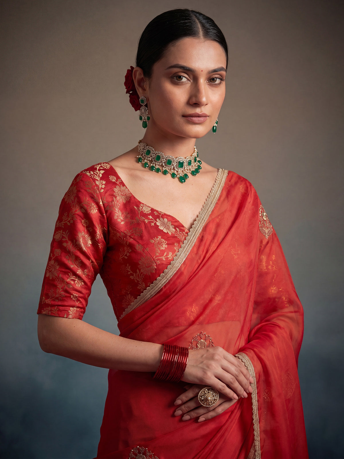 Red Pure Georgette saree – detail view 4