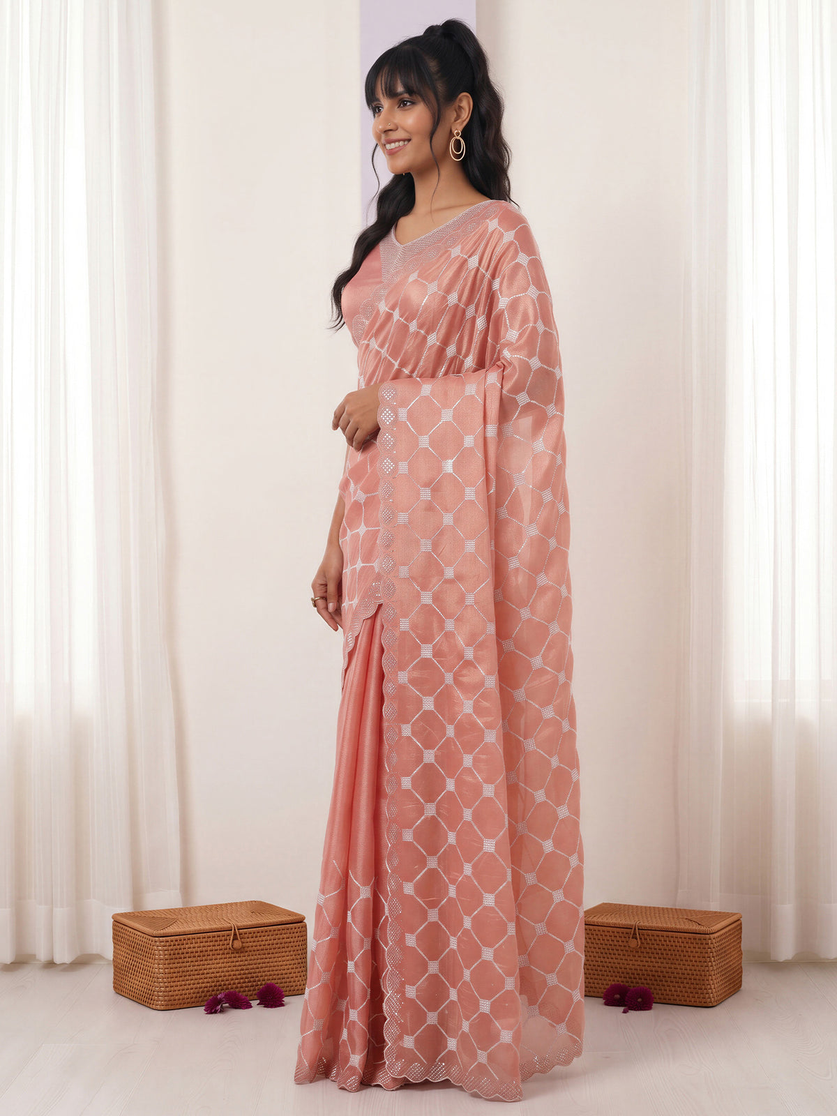 Peach Chiffon saree – detail view 2