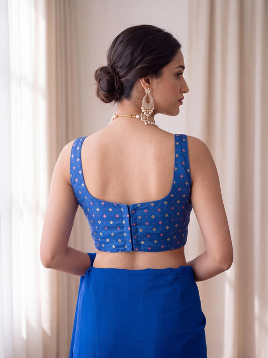 Turquoise Blue zari woven silk blend sleeveless readymade saree blouse with round neck view 1