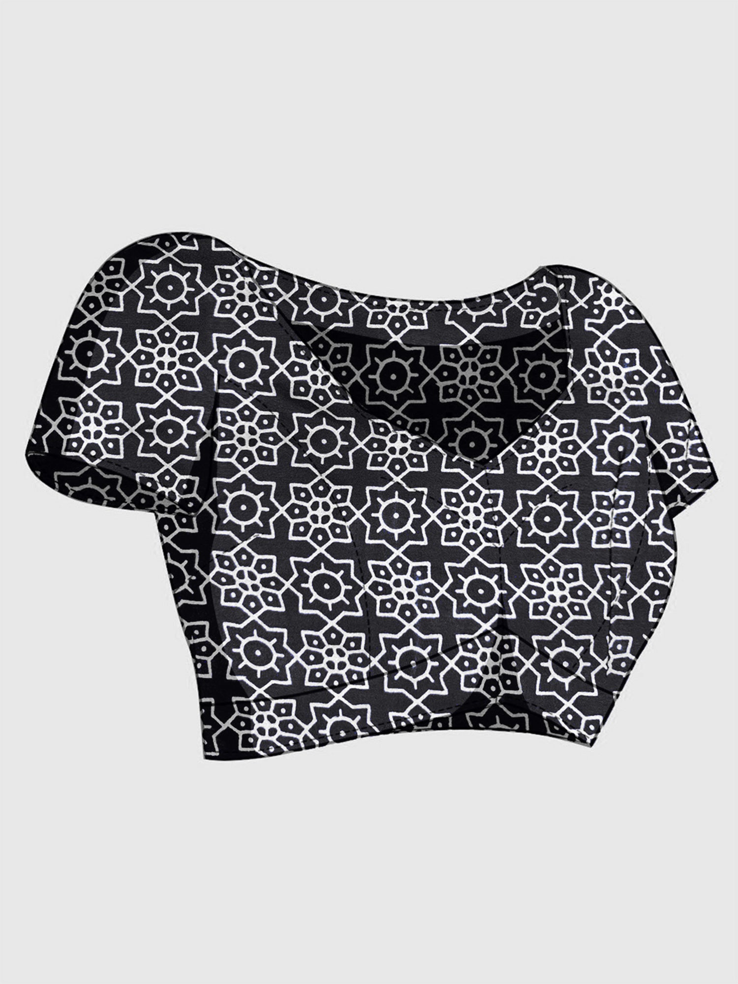Unstitched black satin blouse piece with ajrak design