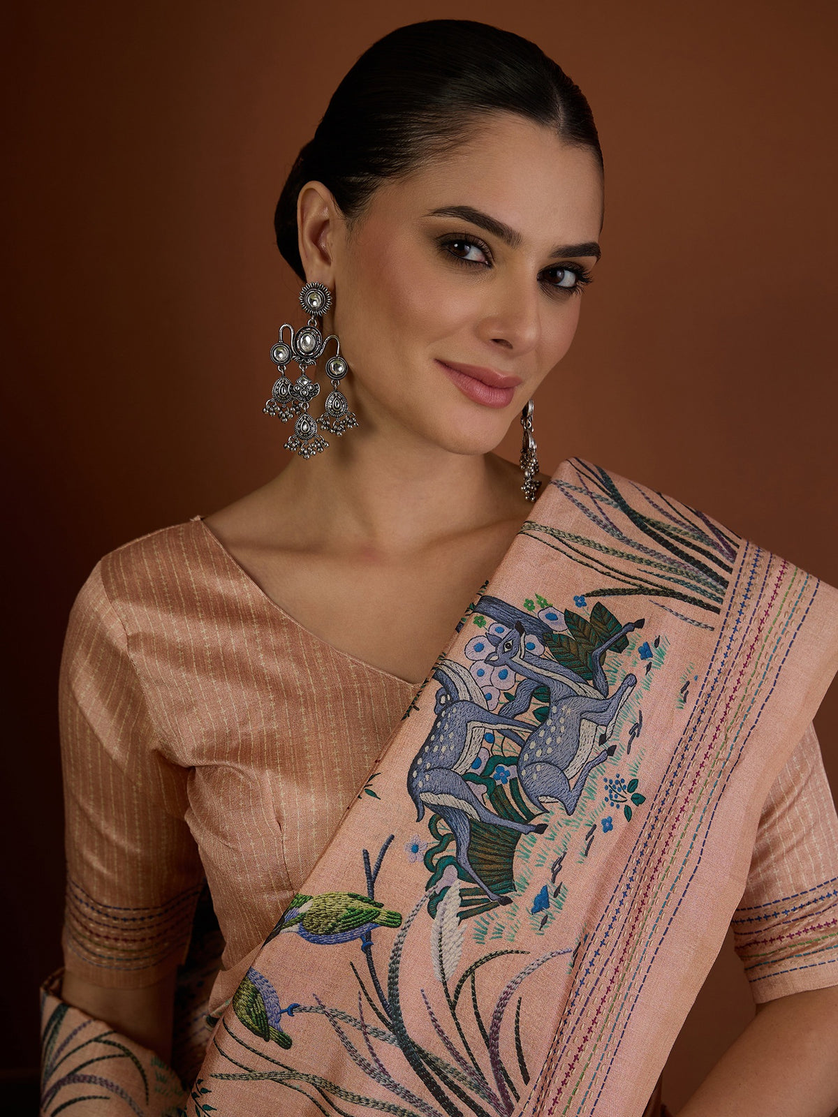Peach art silk saree view 6