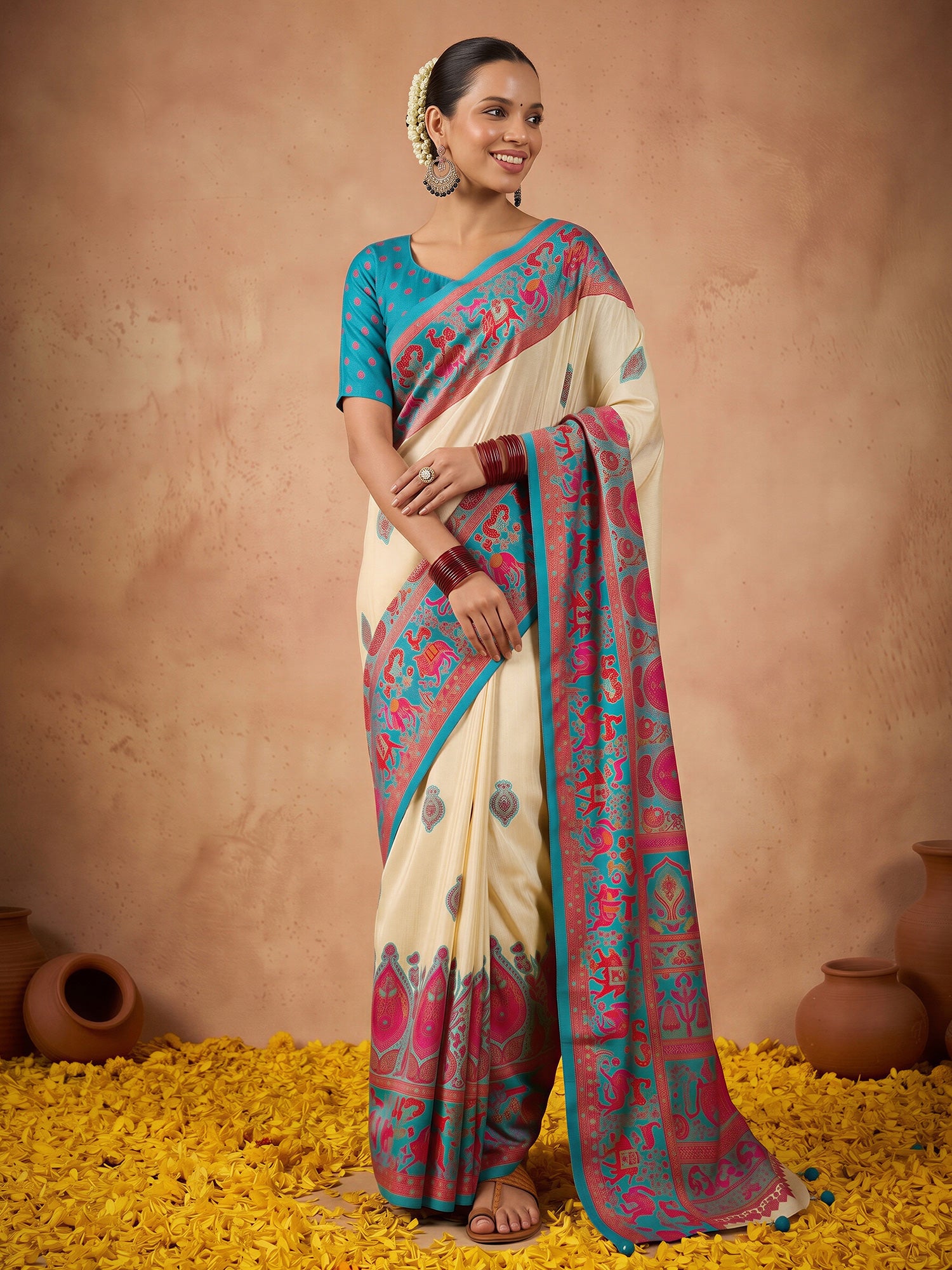 Woman wearing teal blue silk blend saree with metallic foil print work and teal blue blouse