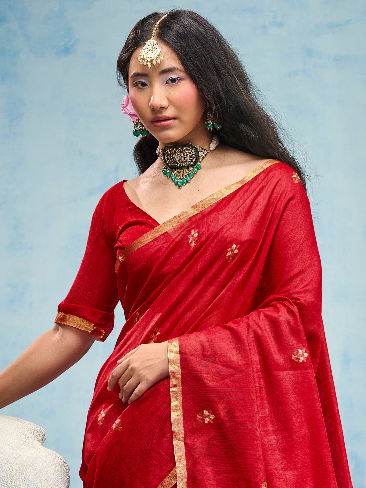 Red Muga Cotton saree – detail view 4