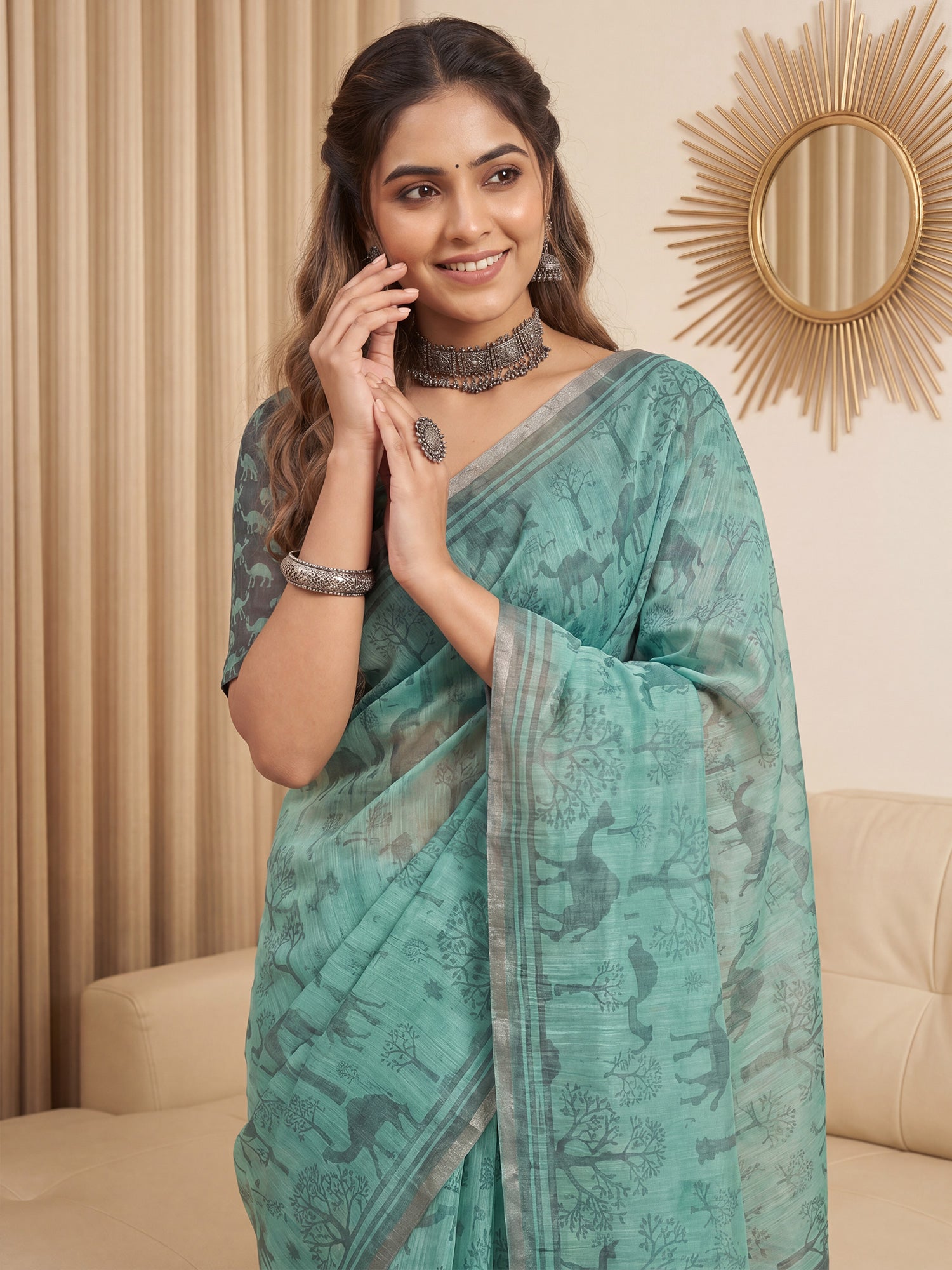 Turquoise Cotton Linen saree – detail view 4