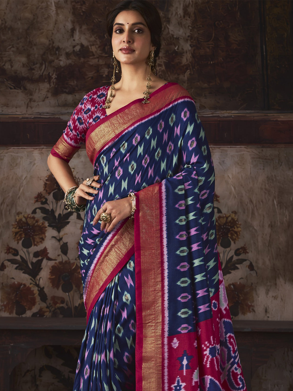 Navy Blue silk blend saree view 4
