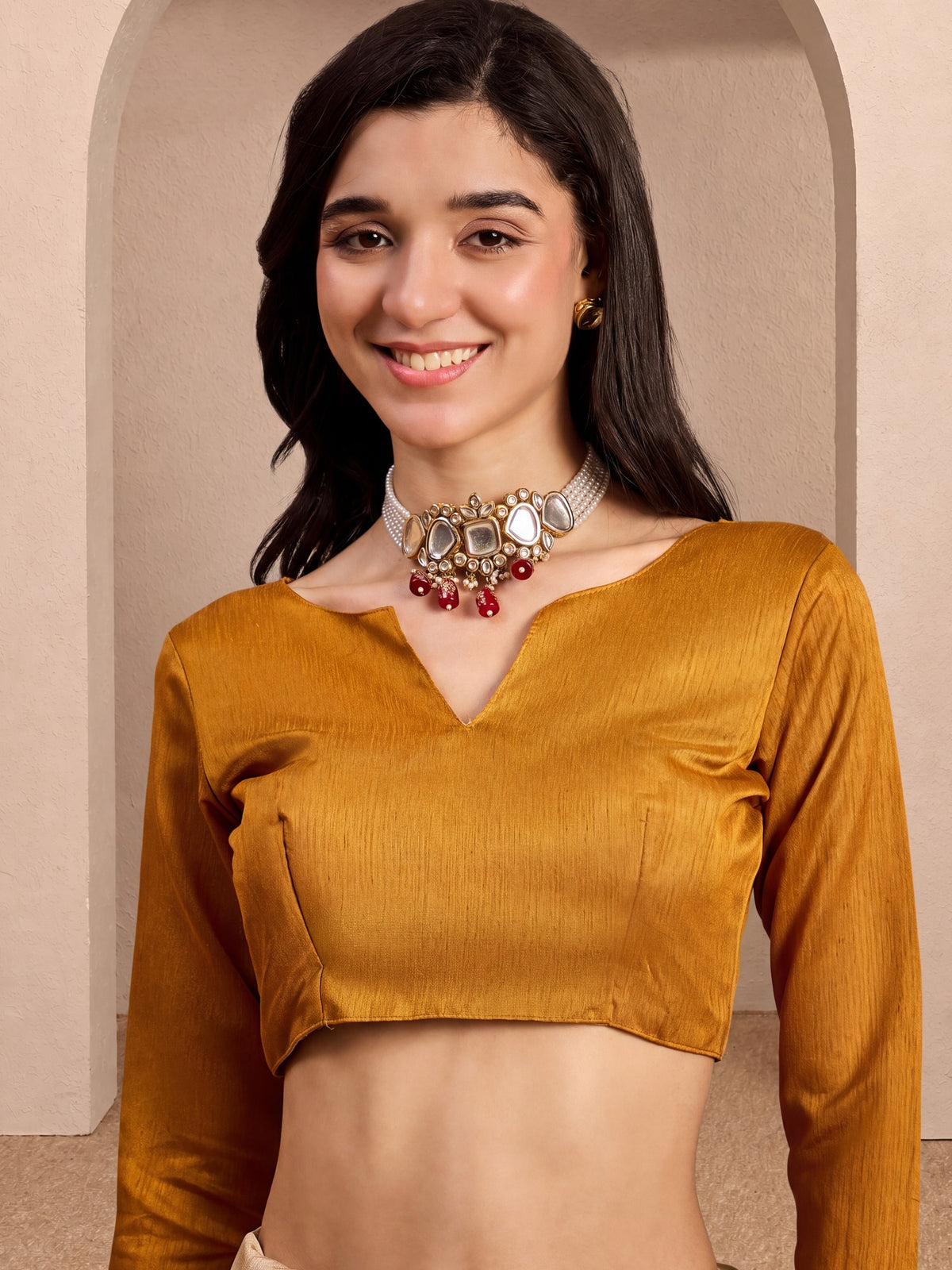 Unstitched mustard silk blend blouse piece with solid design
