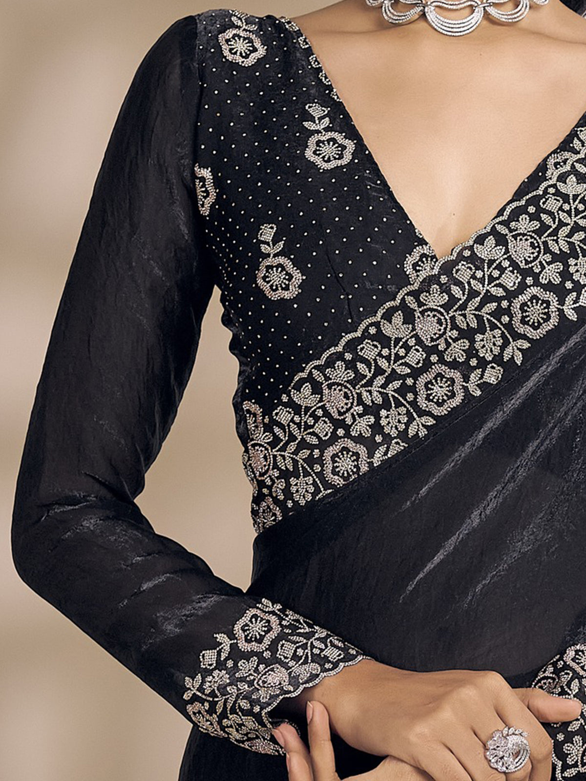 Unstitched black satin silk blouse piece with embellished design