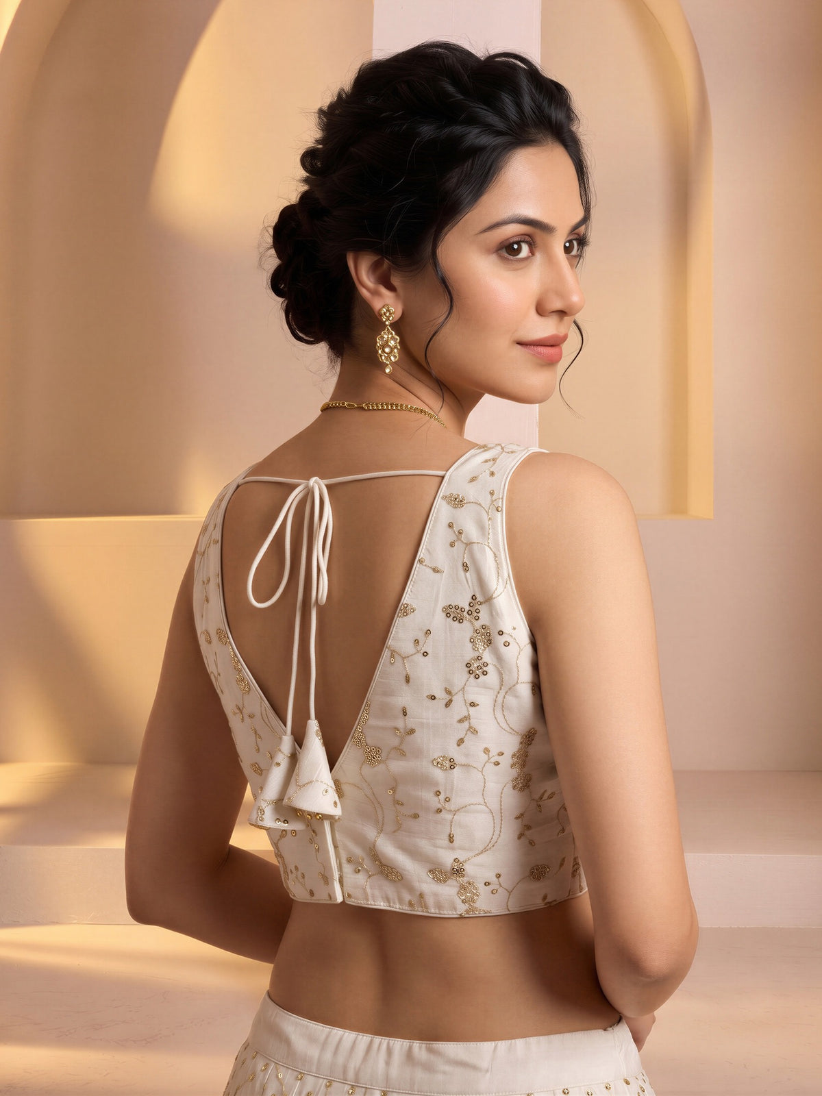 White sequin embroidered vichitra silk sleeveless readymade saree blouse with v neck view 1