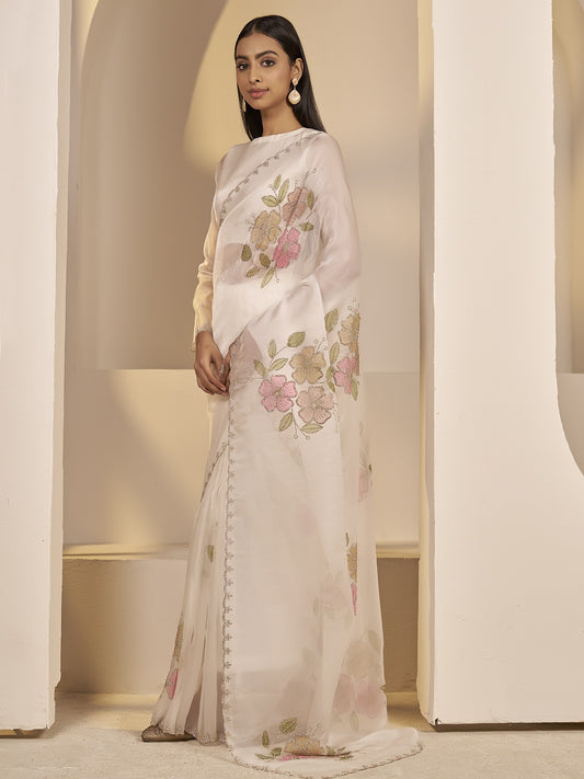 White embellished organza saree with white blouse piece