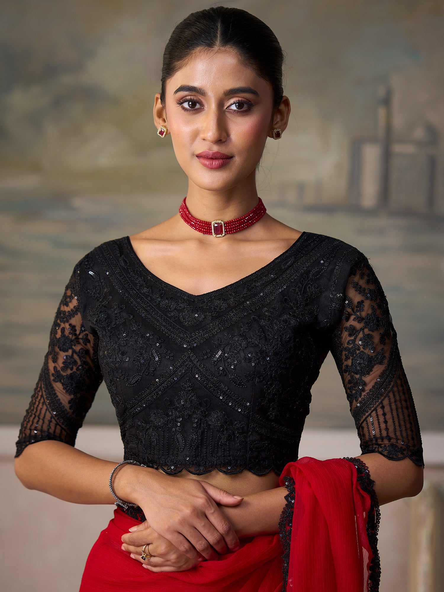 Unstitched black tussar silk blouse piece with embellished design