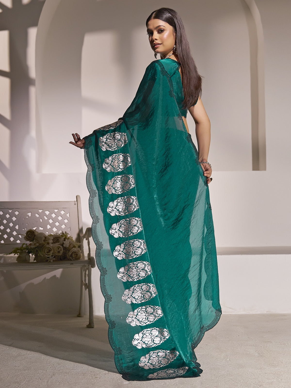 Teal Green satin silk saree view 4