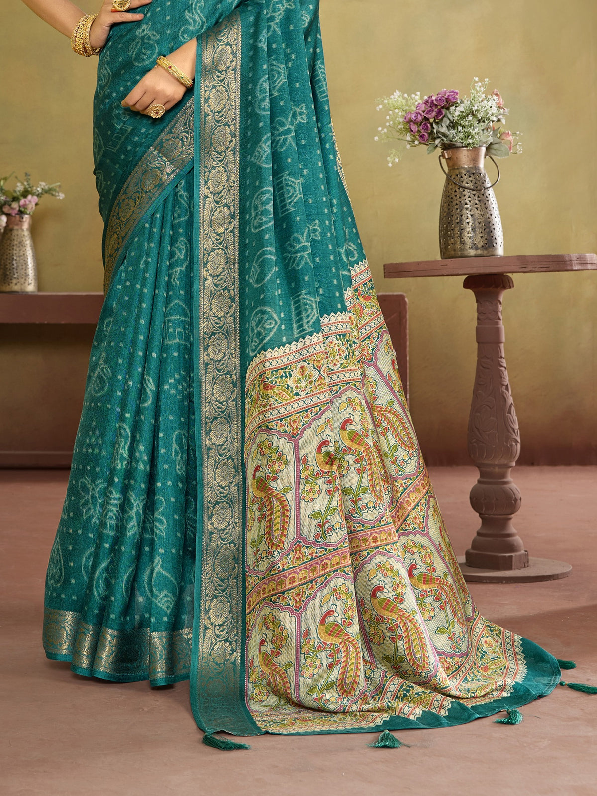 Teal Green tussar silk saree view 1