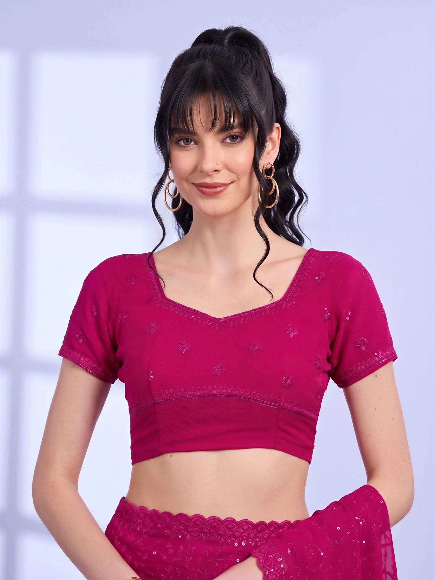 Unstitched pink tissue blouse piece with embellished design