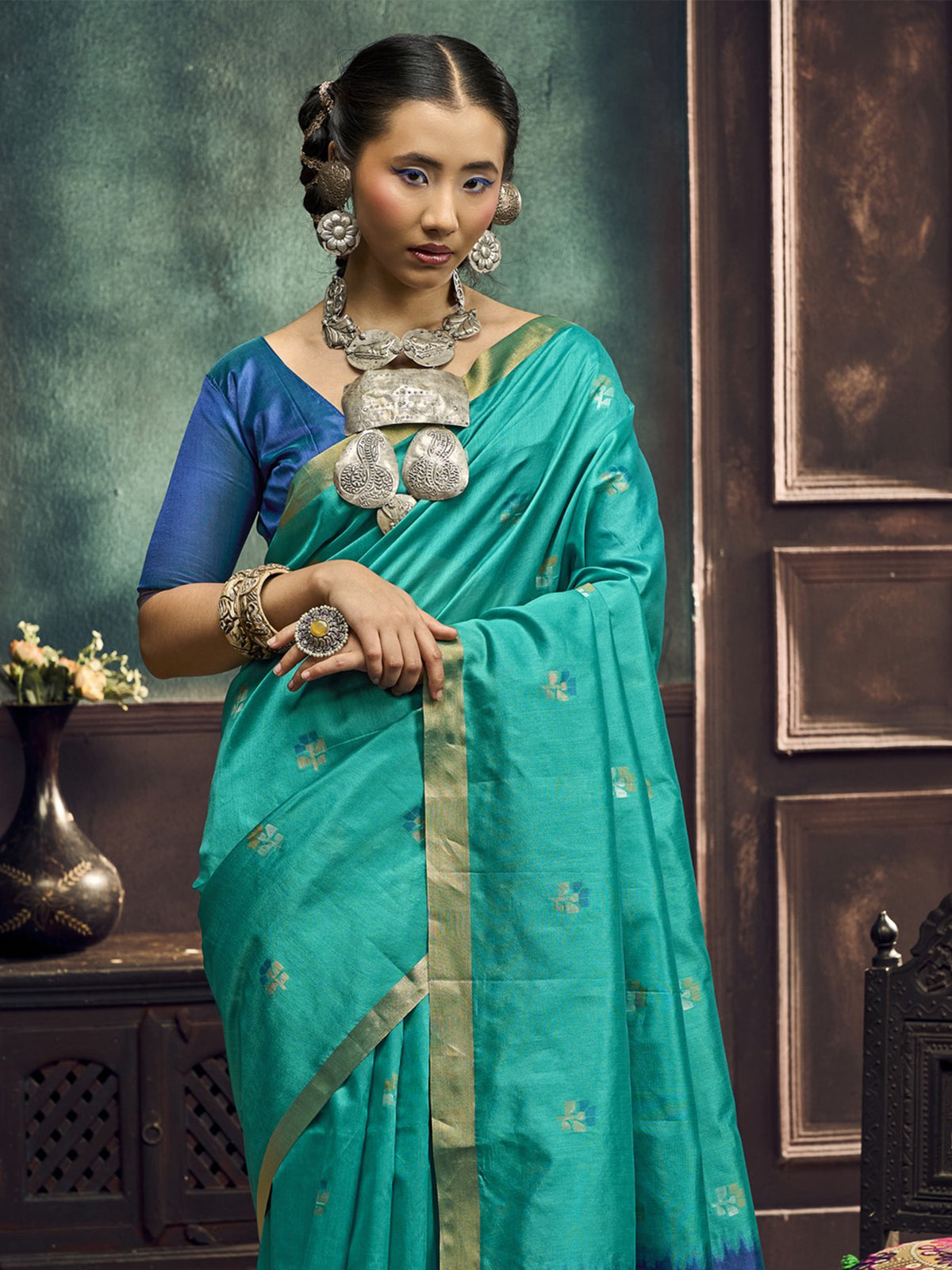 Teal Blue silk blend saree view 4