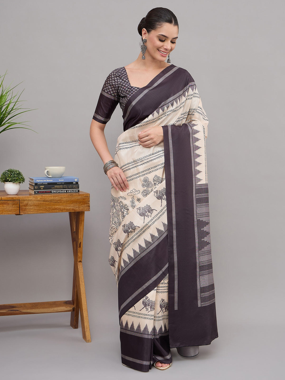 Off White kalamkari soft silk saree with black blouse piece