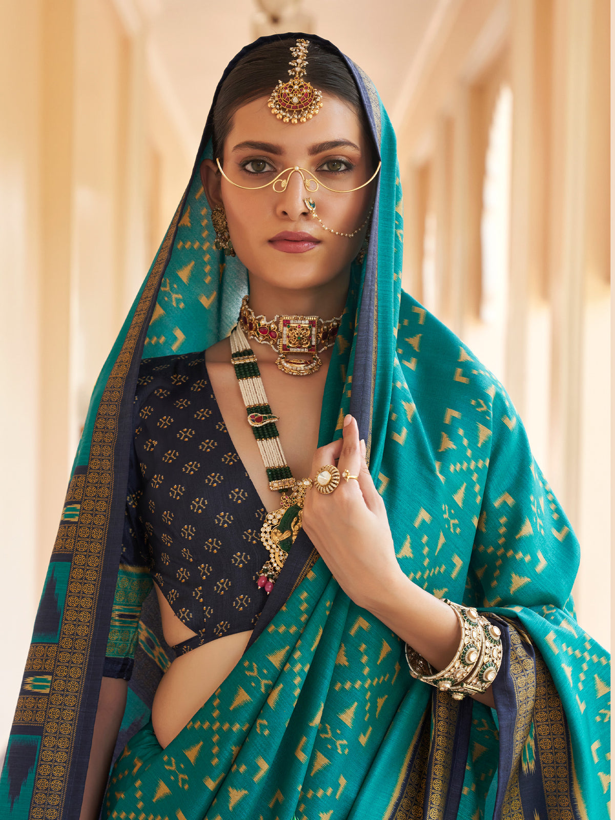 Teal Blue silk blend saree view 1
