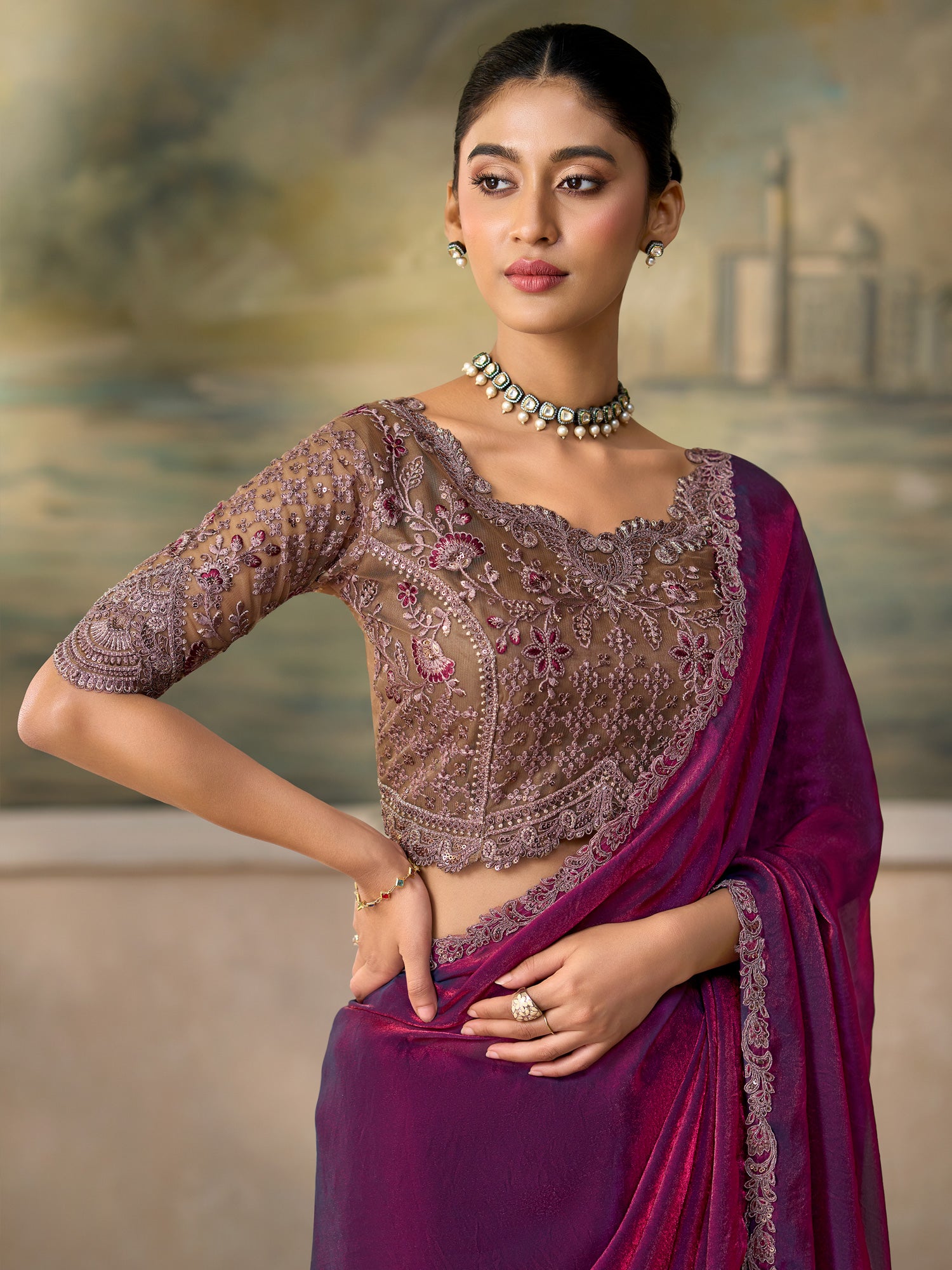 Purple Satin Silk saree – detail view 1