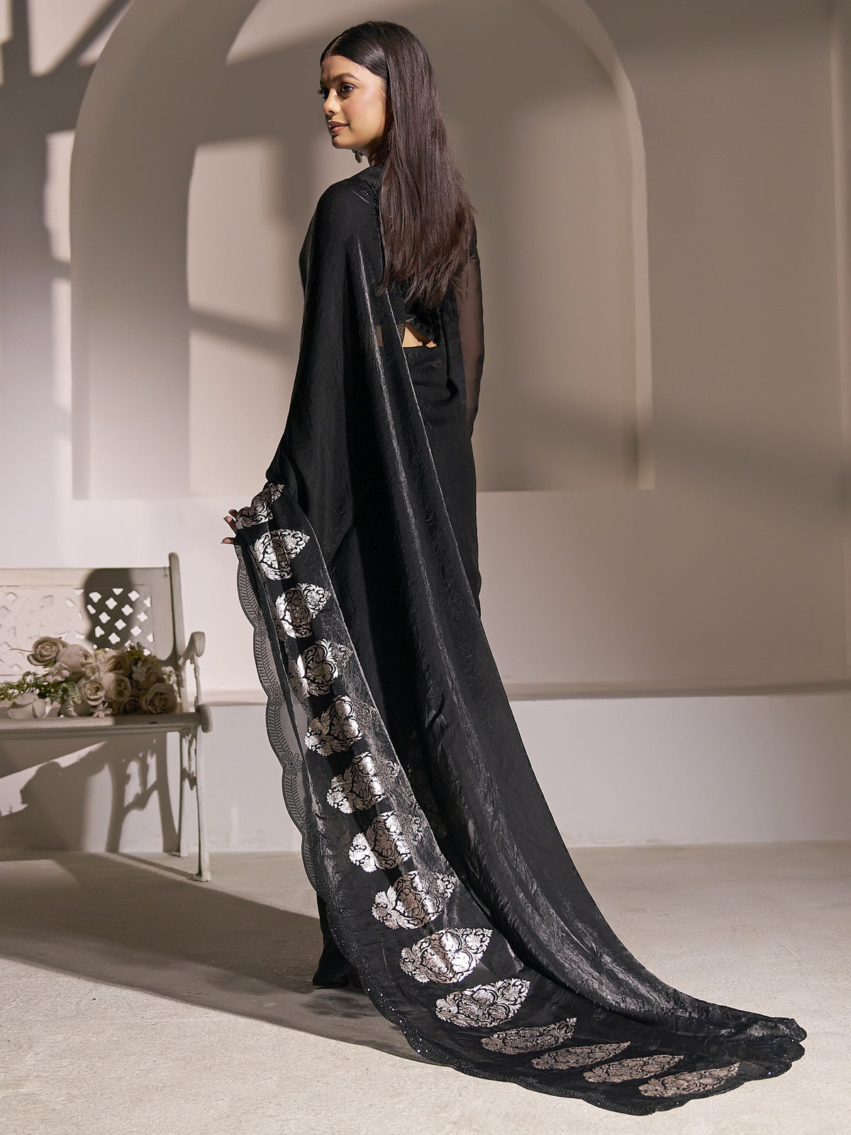 Black satin silk saree view 2