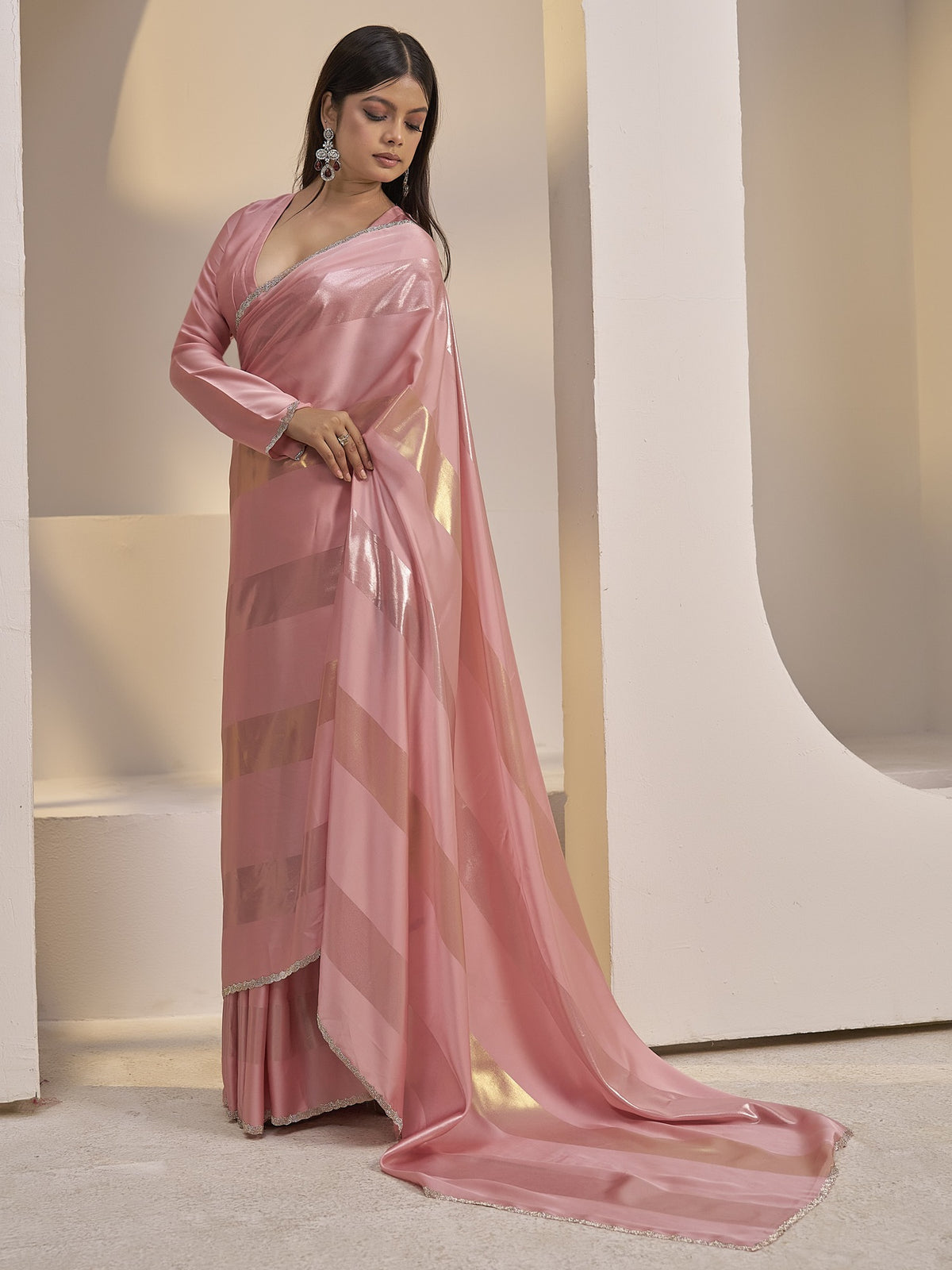 Peach satin silk saree view 2