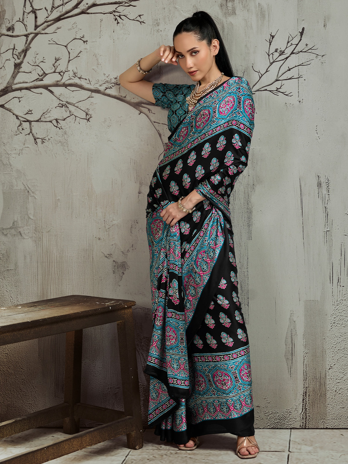 Black satin saree view 2