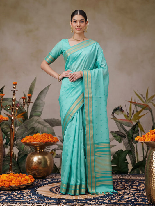 Turquoise Blue woven design cotton blend saree with turquoise blue blouse piece