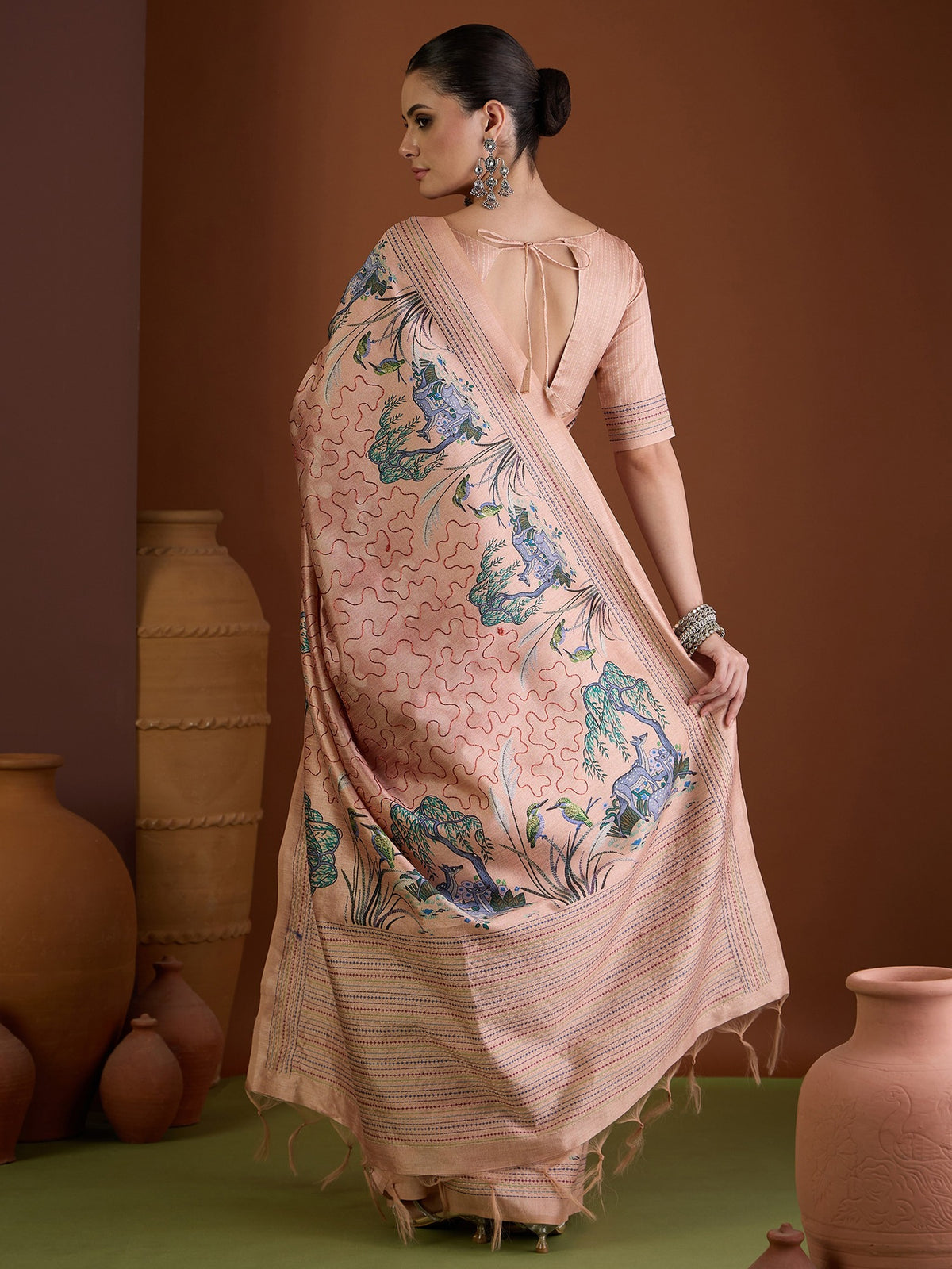 Peach art silk saree view 2