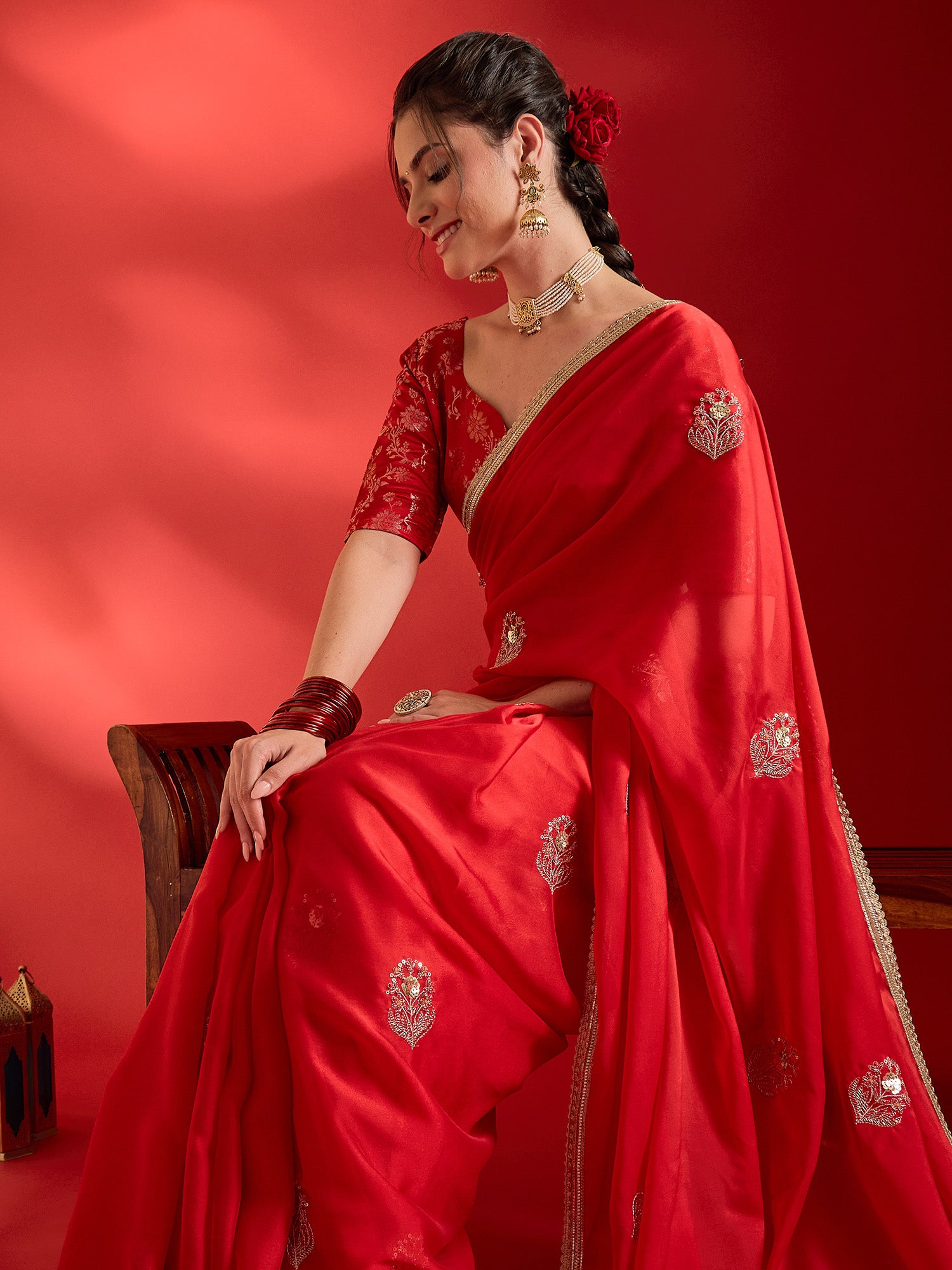 Red Pure Georgette saree – detail view 3