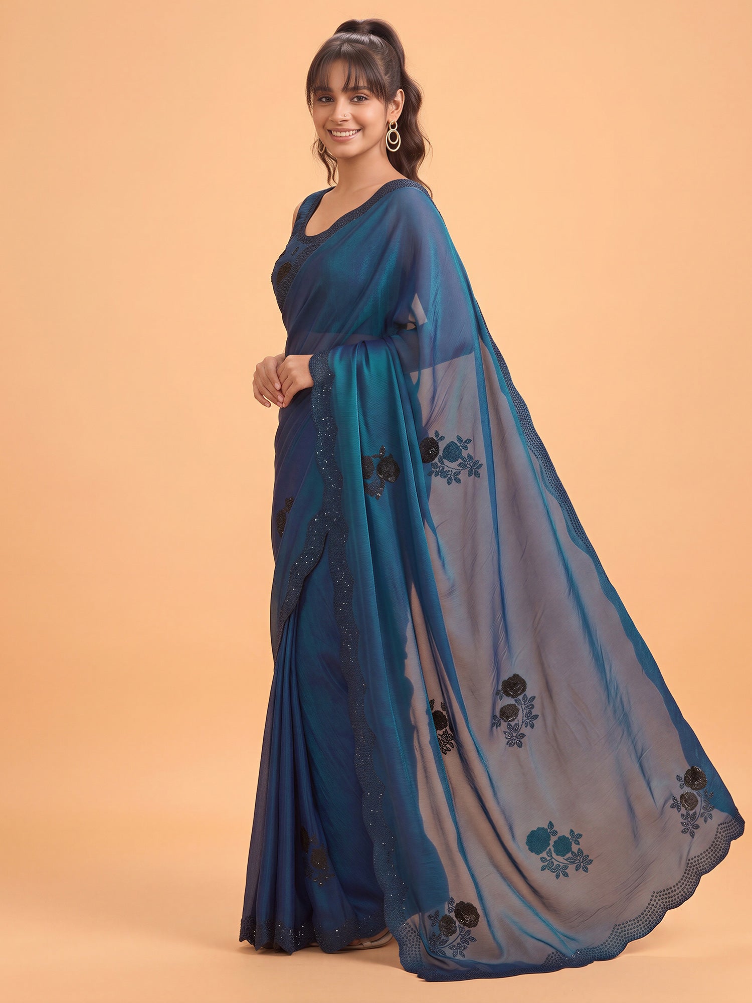 Teal Blue Satin Silk saree – detail view 2