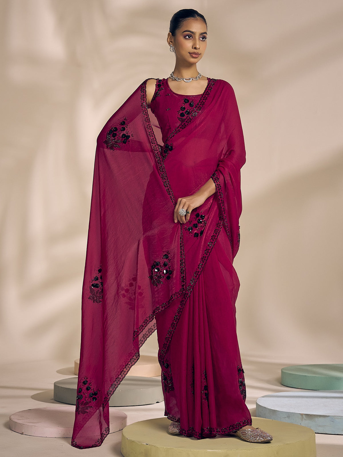 Magenta satin silk saree view 3