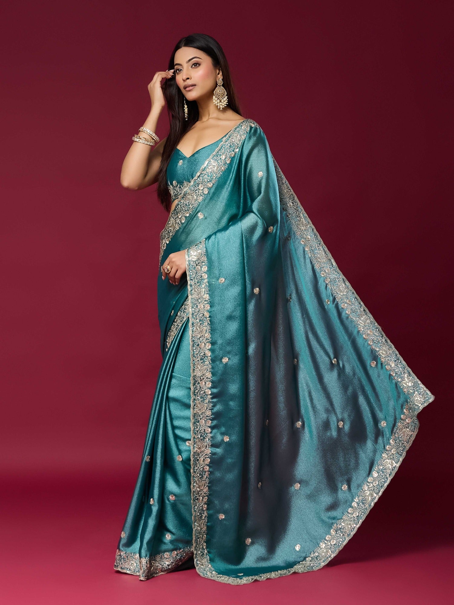 Teal Blue Chinnon saree – detail view 3