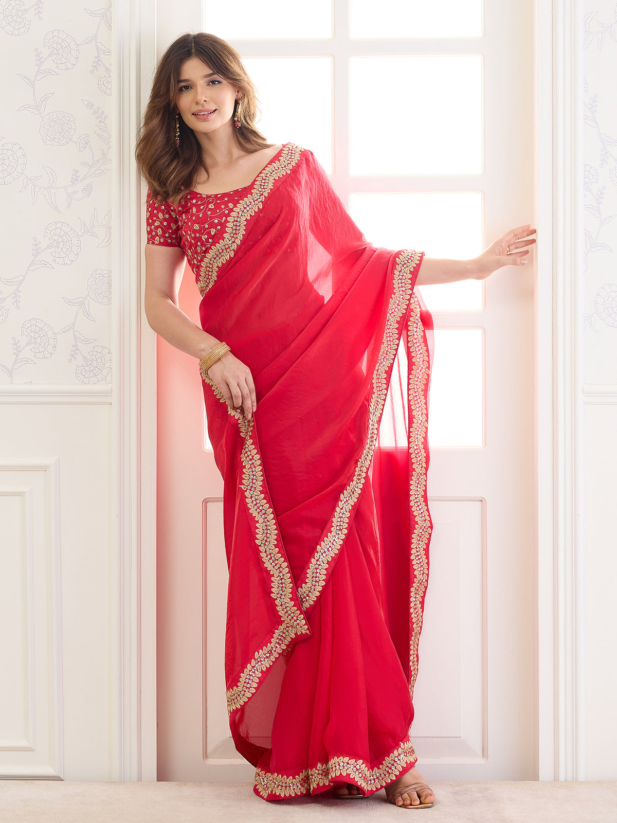 Red Satin saree – detail view 3