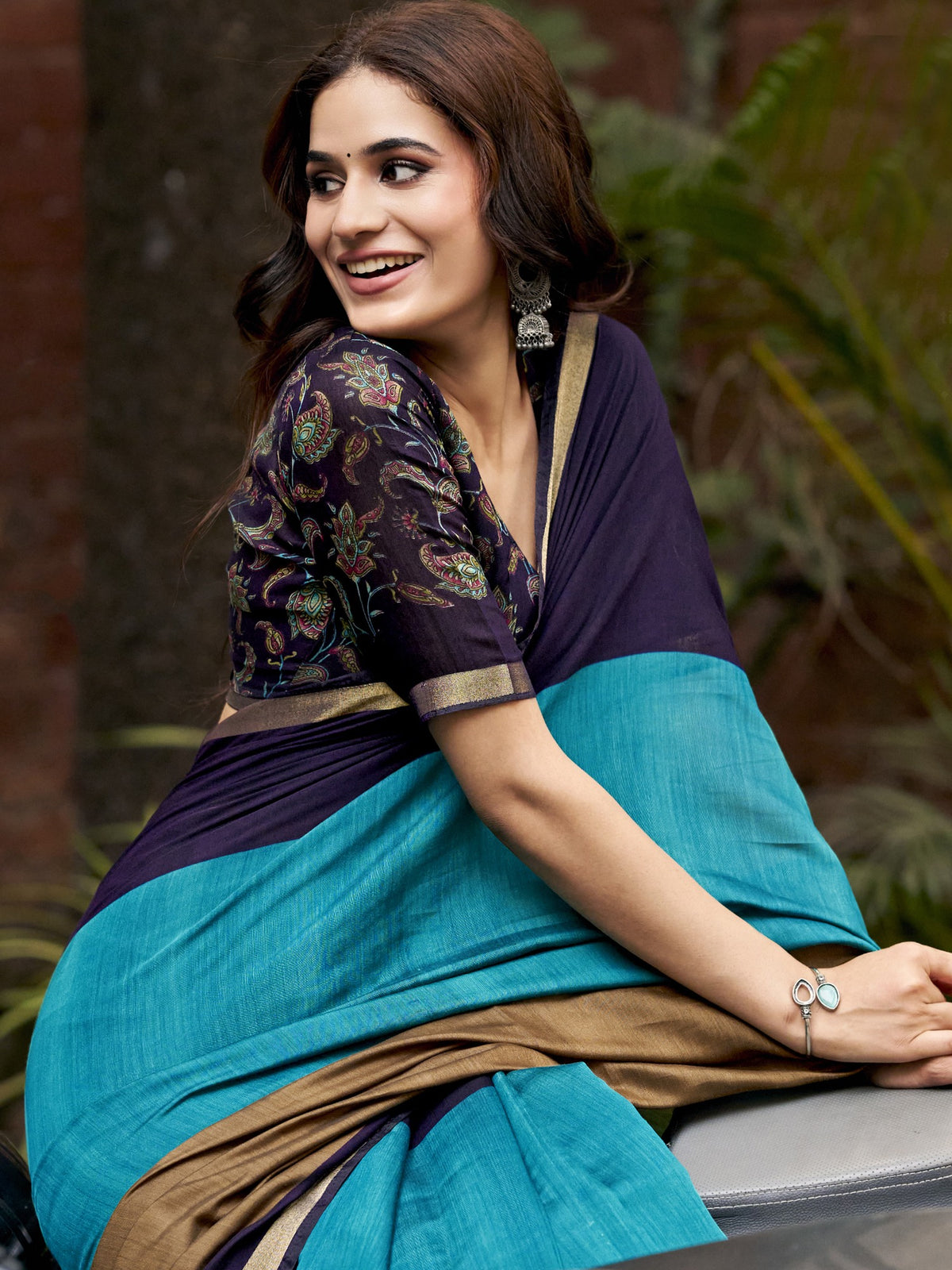 Teal Blue cotton blend saree view 3