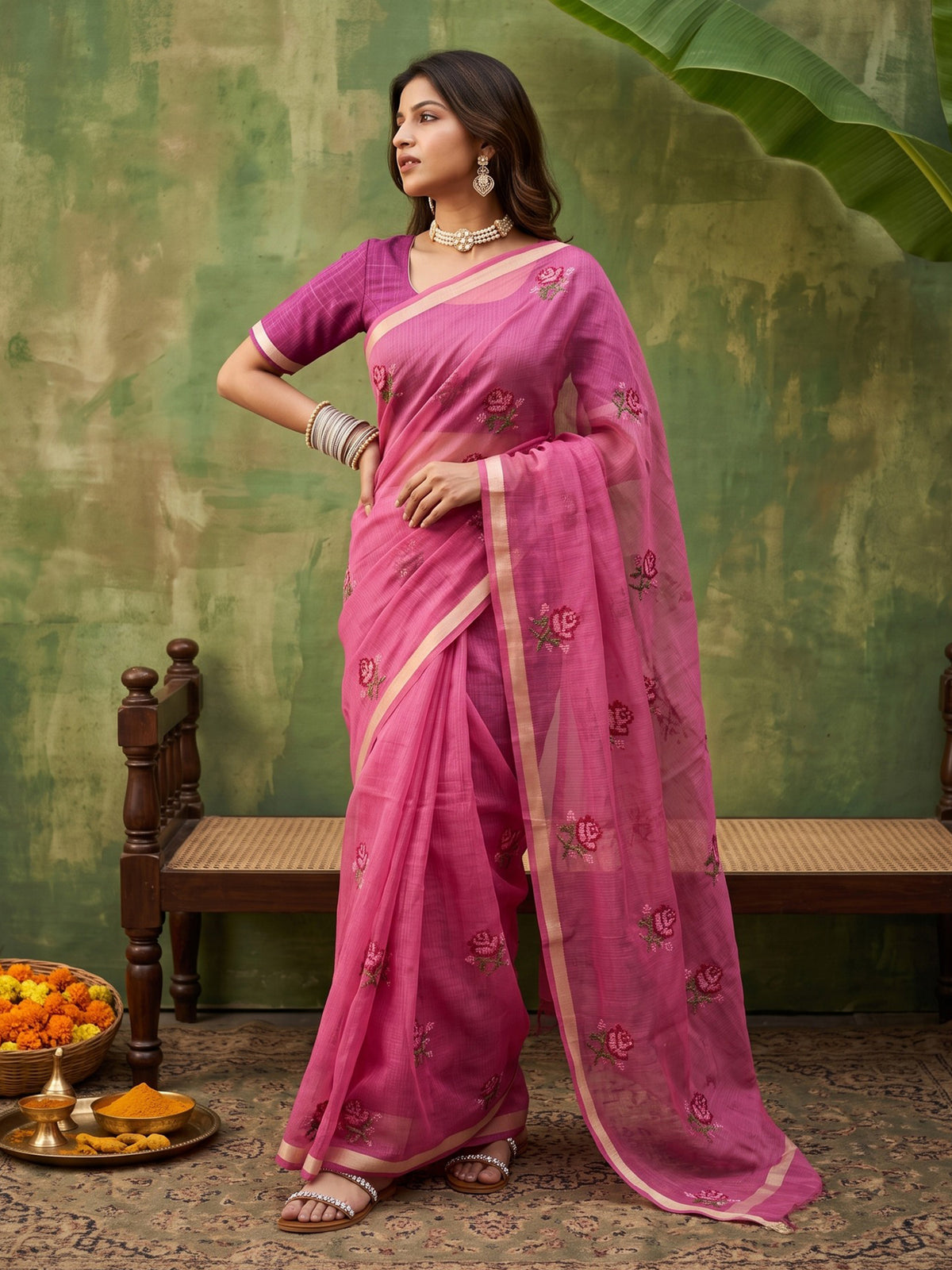 Woman wearing magenta kota doria cotton saree with embroidered motif work and purple blouse