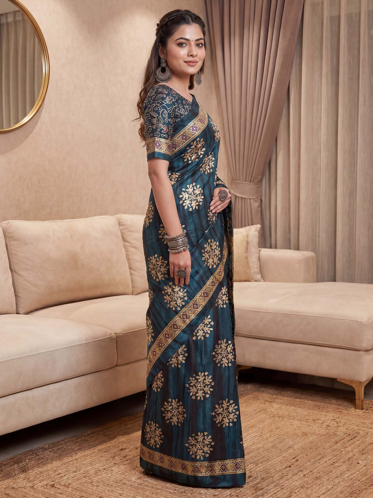 Teal Blue Pure Crepe saree – detail view 2