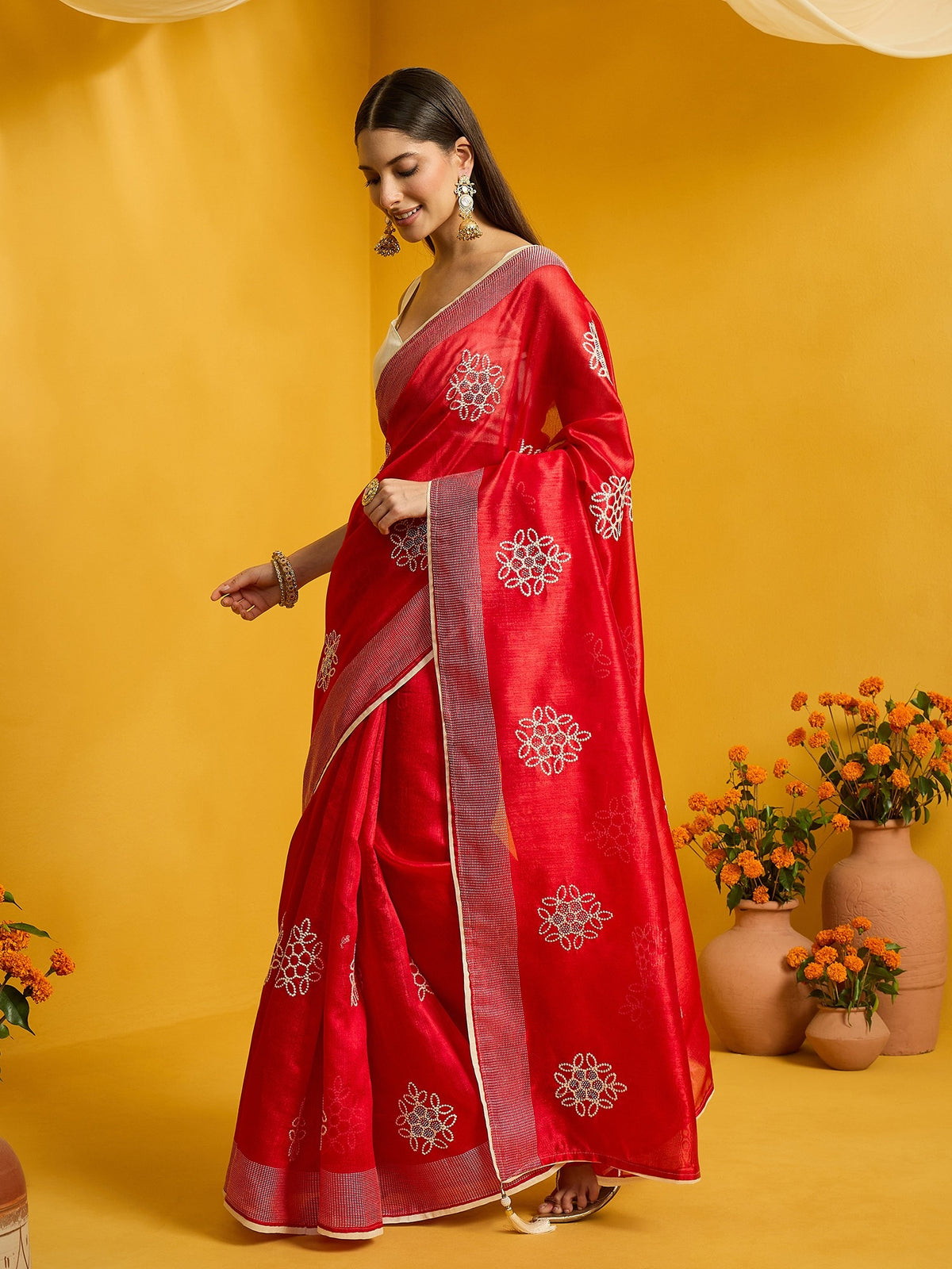 Red Cotton Blend saree – detail view 1