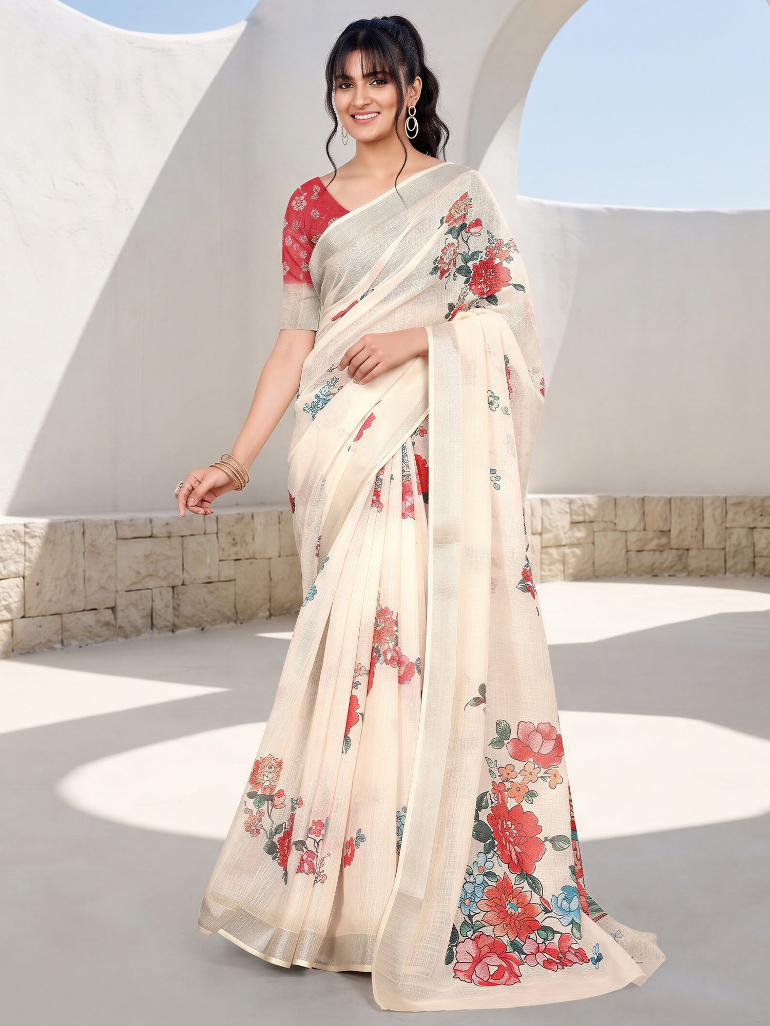 Cream Cotton Linen saree – detail view 3