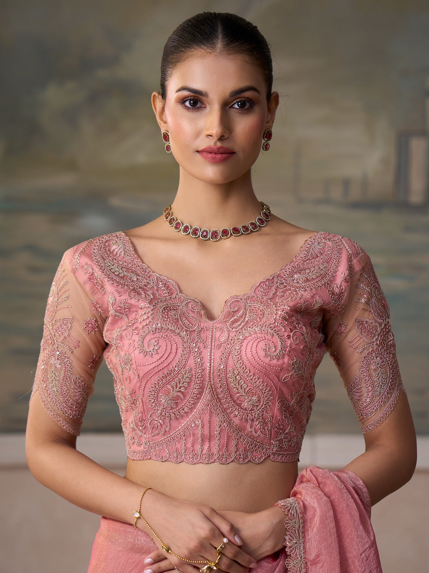 Unstitched pink tussar silk blouse piece with embellished design