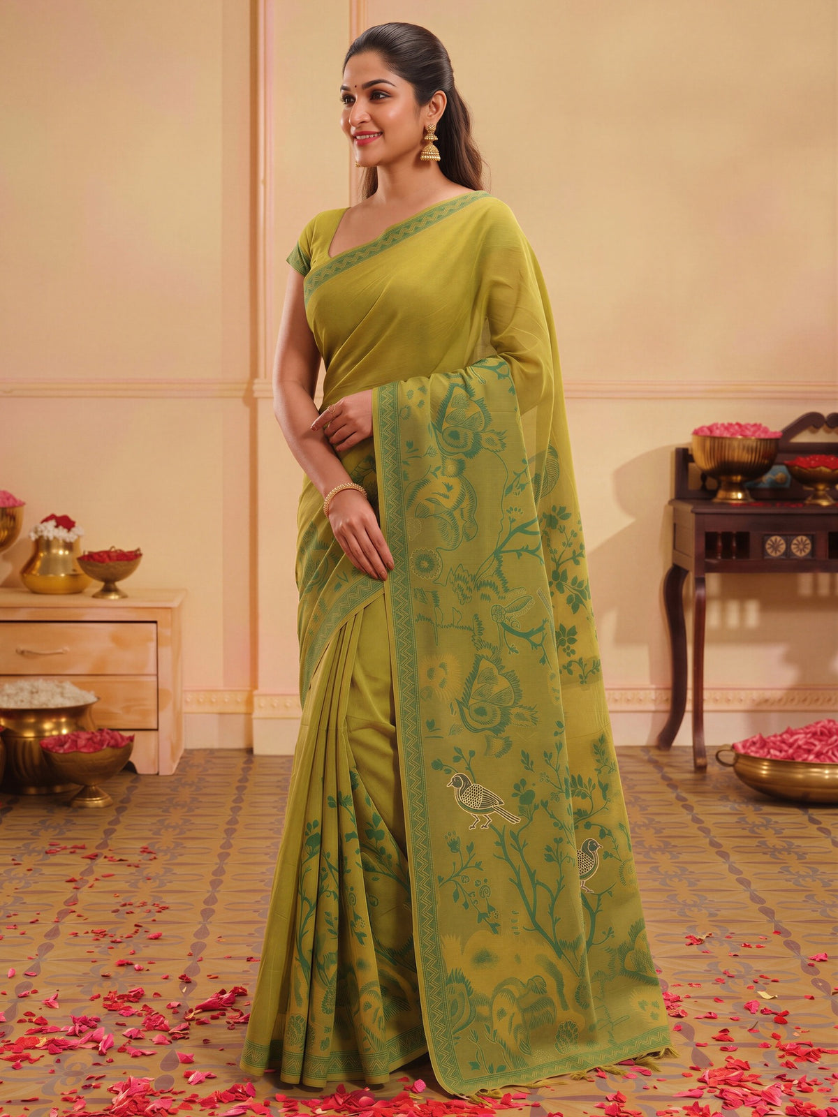 Olive silk blend saree view 2