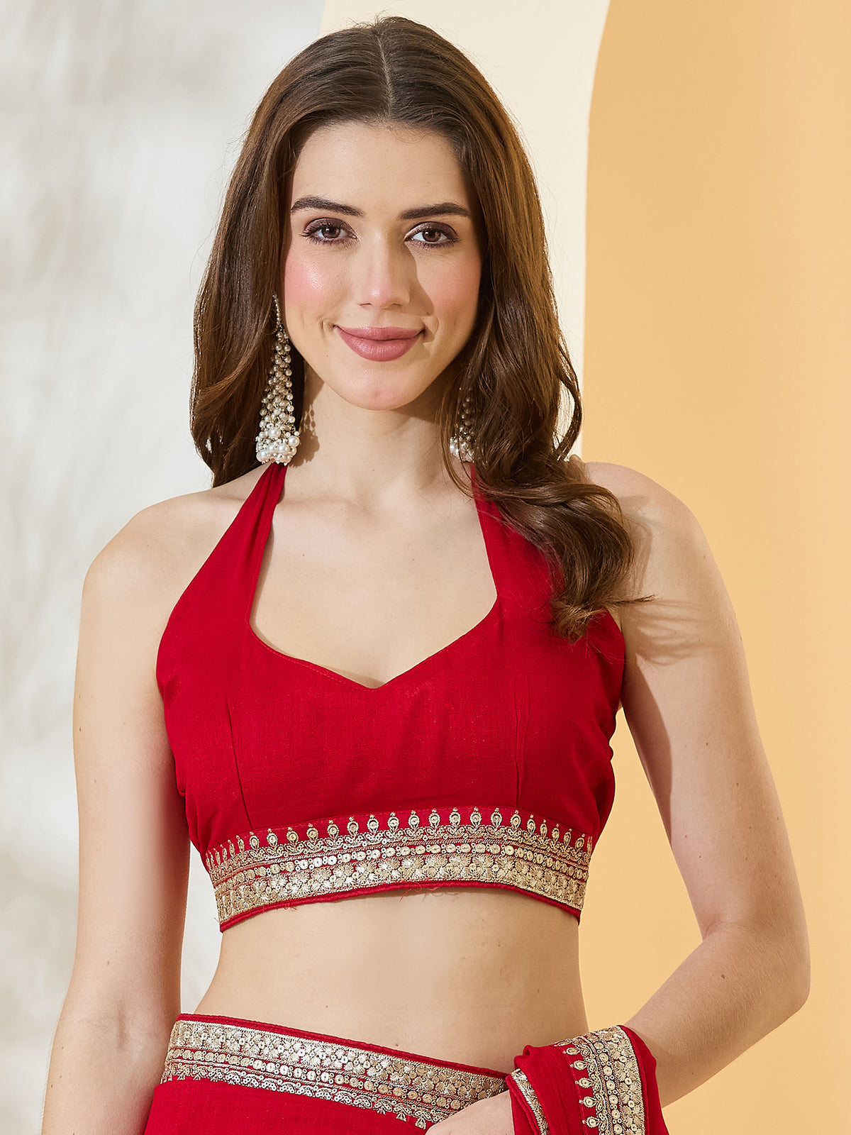 Unstitched red silk blend blouse piece with embellished design