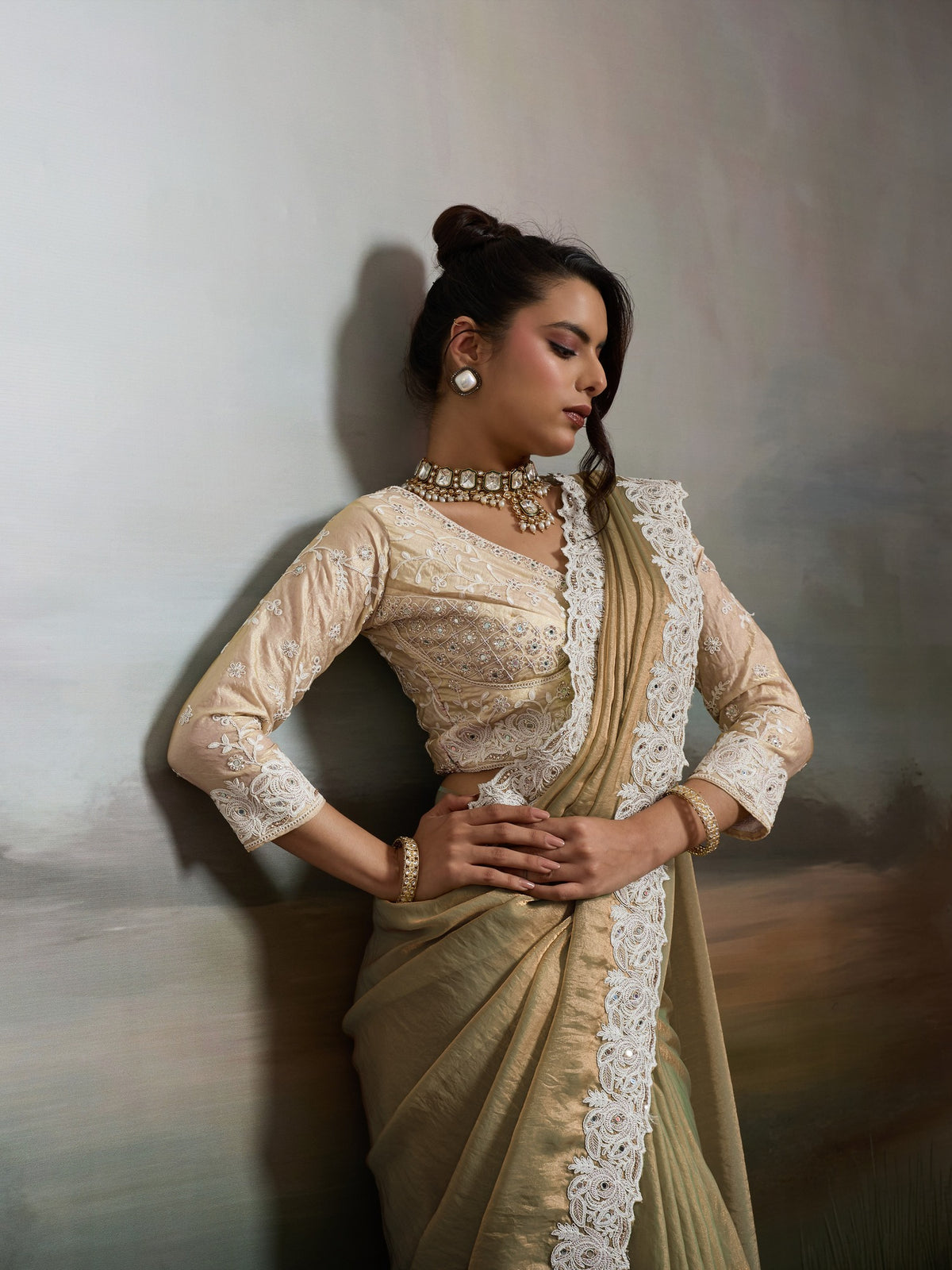 Beige Satin Silk saree – detail view 5
