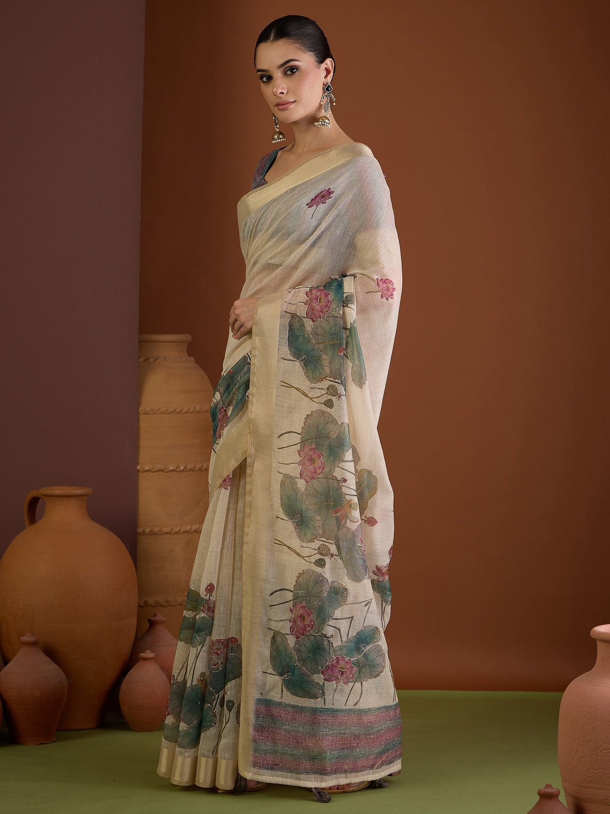 Beige linen blend saree view 3