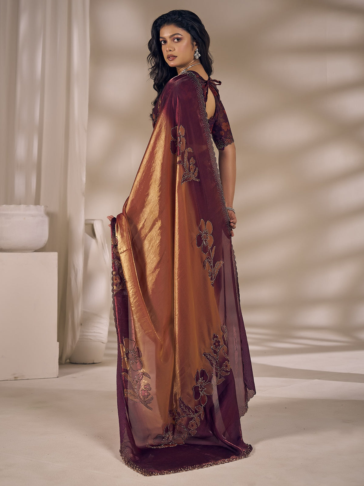 Rust satin silk saree view 2