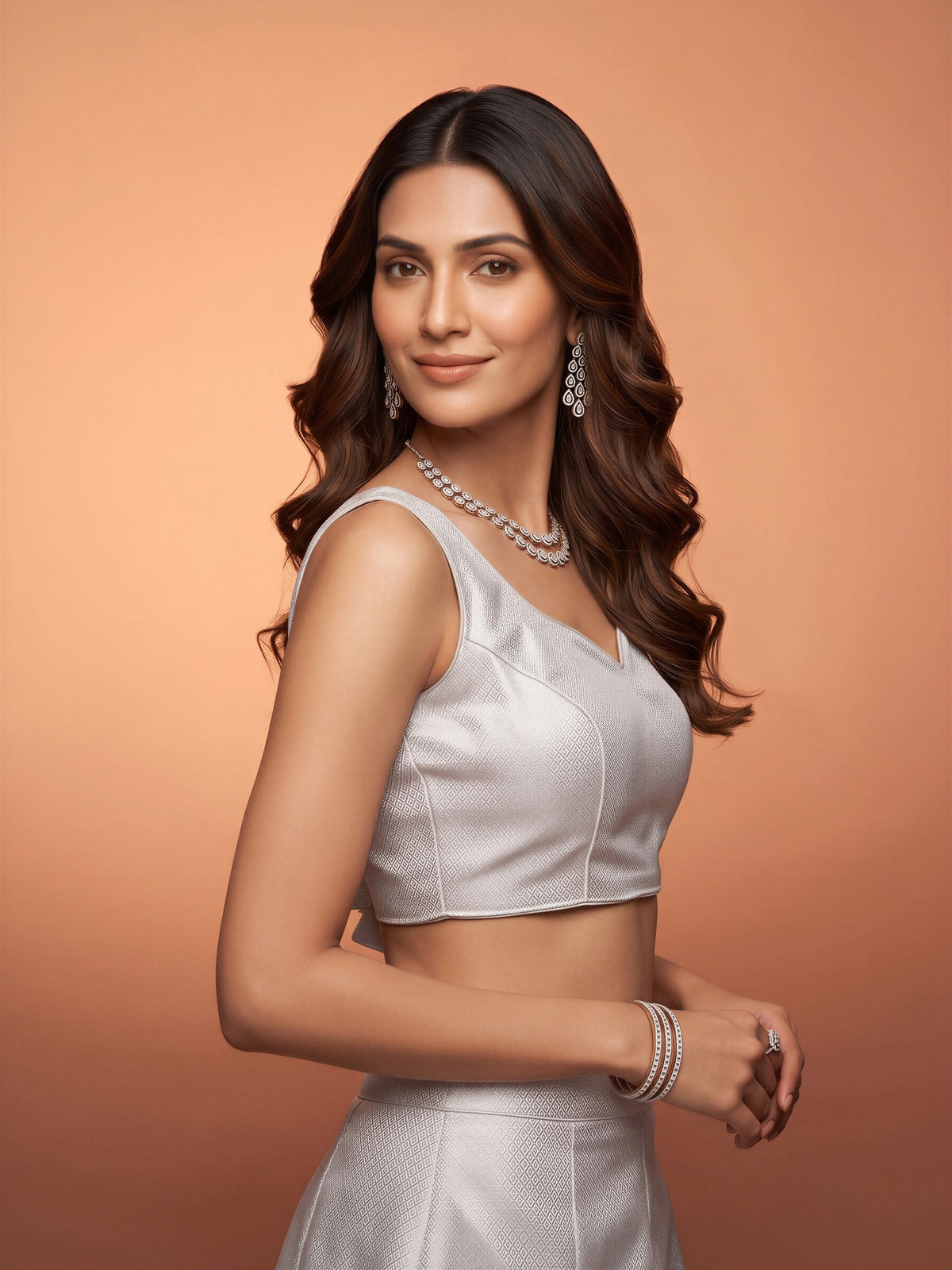 White woven brocade silk blend sleeveless readymade saree blouse with sweetheart neck view 2