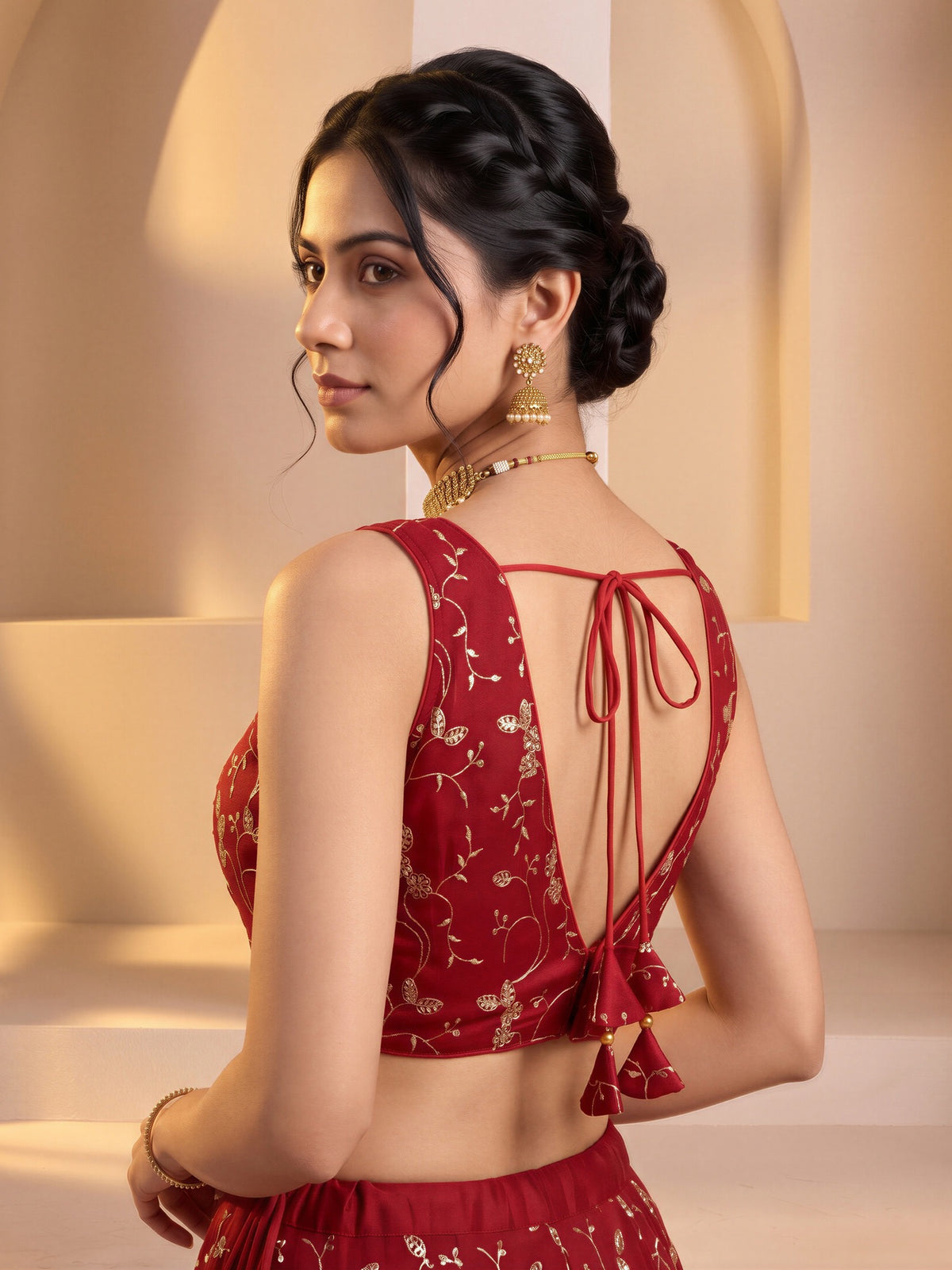Red sequin embroidered vichitra silk sleeveless readymade saree blouse with v neck view 1