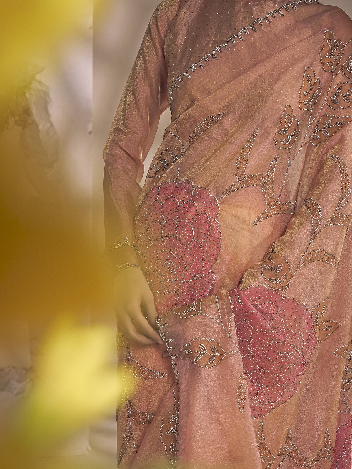 Peach organza saree view 4