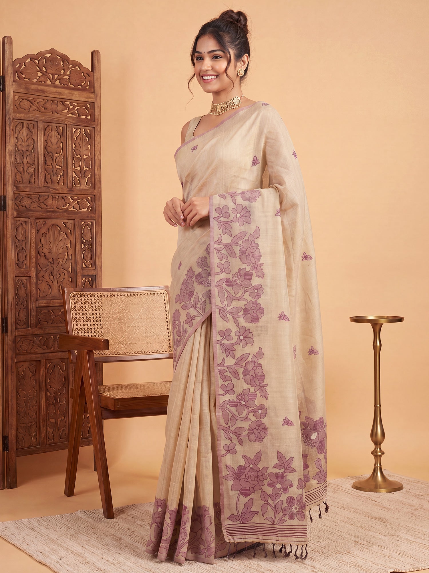 Cream Chanderi Cotton saree – detail view 2