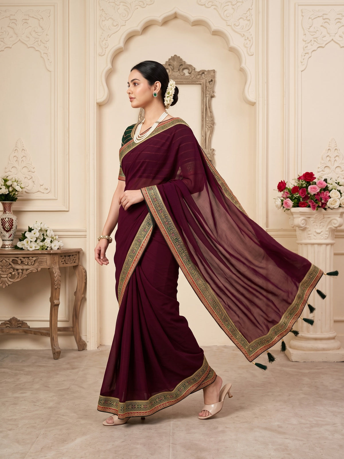 Wine Vichitra Silk saree – detail view 3
