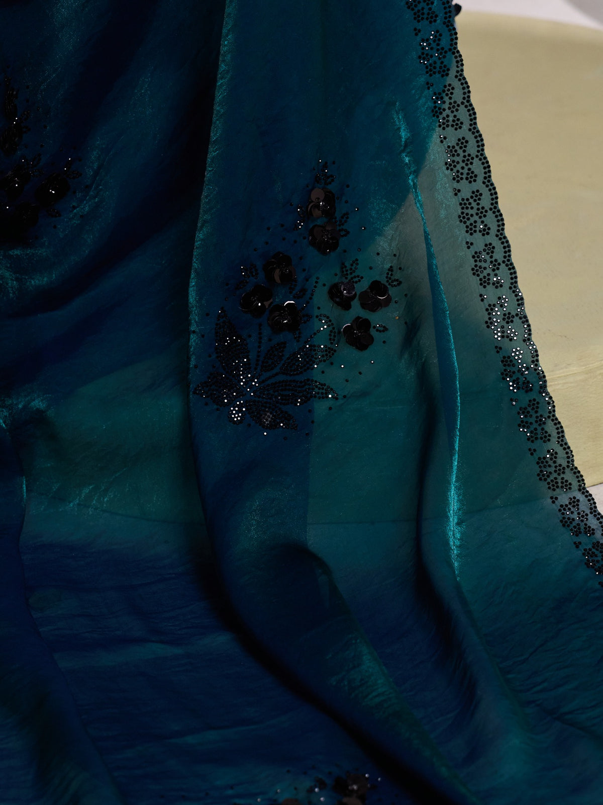 Teal satin silk saree view 5
