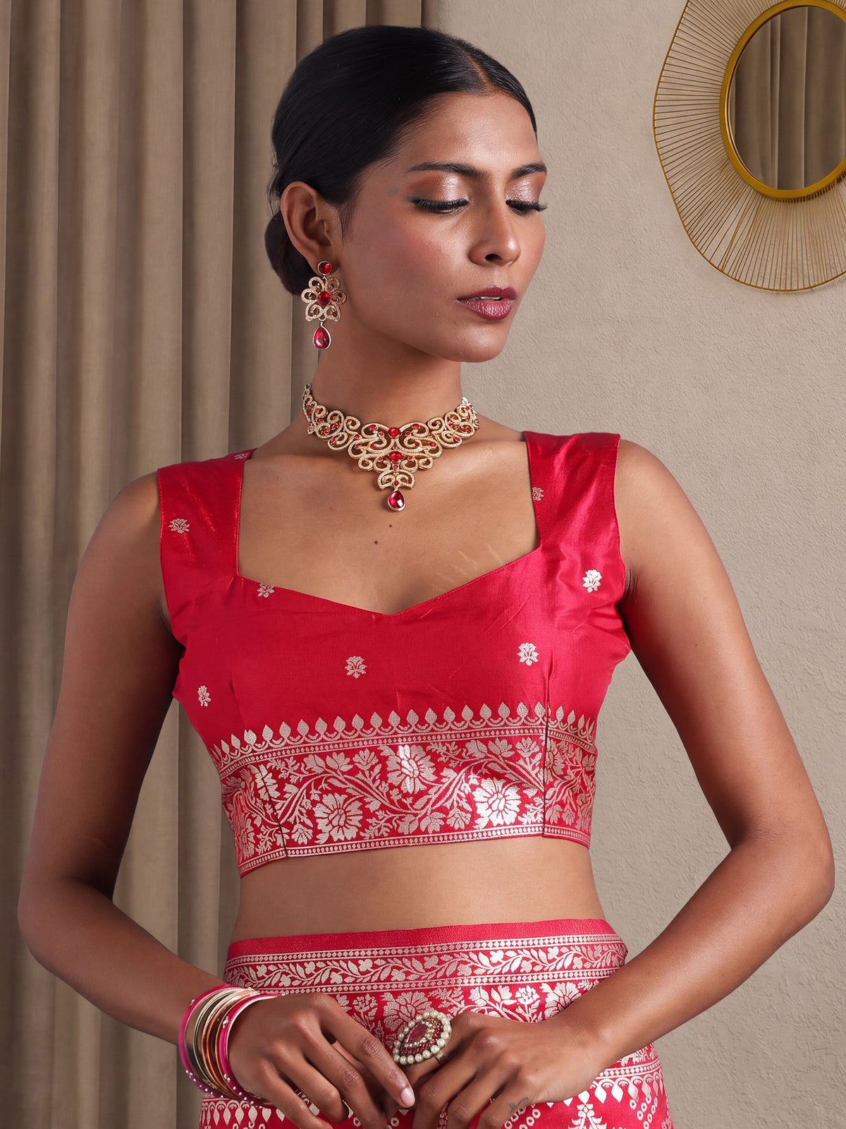 Unstitched pink dola silk blouse piece with woven design design